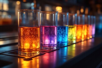 Colorful Drinks in Glassware on a Bar Counter with Bokeh Background