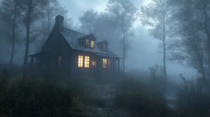 Cozy Cottage in a Misty Forest at Dusk Warm Lights Illuminating the Windows Serene Atmosphere