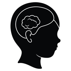 Child Head Silhouette with Brain on White Background