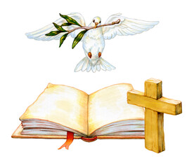 Holy book with cross and dove