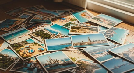 Fototapeta premium Scattered Memories: A Collection of Travel Photographs - A heap of printed travel photos evokes wanderlust, adventure, exploration, nostalgia, and the joy of past journeys