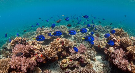 School of Blue Tangs in Vibrant Coral Reef - A mesmerizing underwater scene showcasing a school of blue tang fish gracefully swimming amidst a kaleidoscope of coral formations, symbolizing harmony