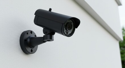 Secure Home Surveillance Camera on White Wall - High-definition security camera mounted on a white wall, providing safety, protection, monitoring, and peace of mind. Represents surveillance