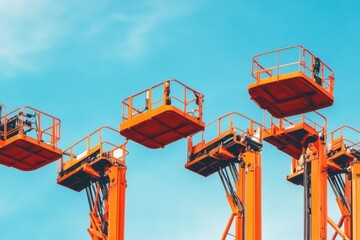 Four orange aerial work platforms are raised against a bright blue sky