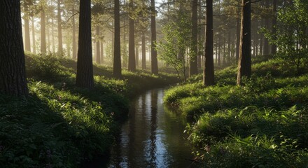 Obraz premium Serene Forest Stream - Tranquil stream flowing through a sun-dappled forest, creating a peaceful and idyllic scene. Lush greenery and tall trees surround the water