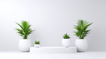 Fototapeta premium Minimalist, white podium with potted plants. Empty display platform for product presentation. Clean and modern aesthetic