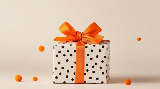 Stylish Gift Box Orange Ribbon Black Polka Dots Minimalist Design Modern Festive Present Packaging Holiday Celebration Birthday Surprise Elegant      