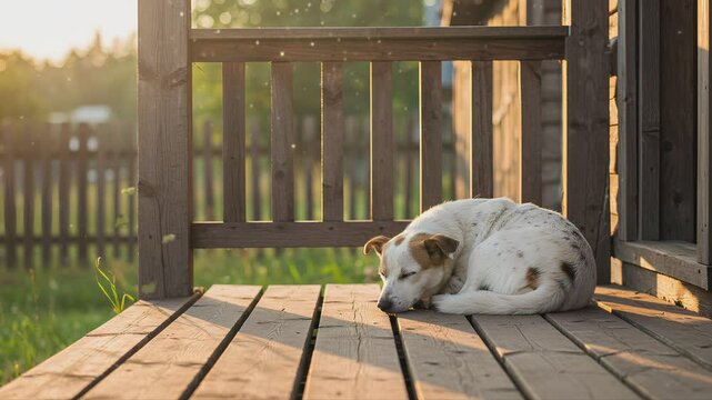 A white spotted dog sleeps peacefully, curled up on a wooden house porch in the late afternoon