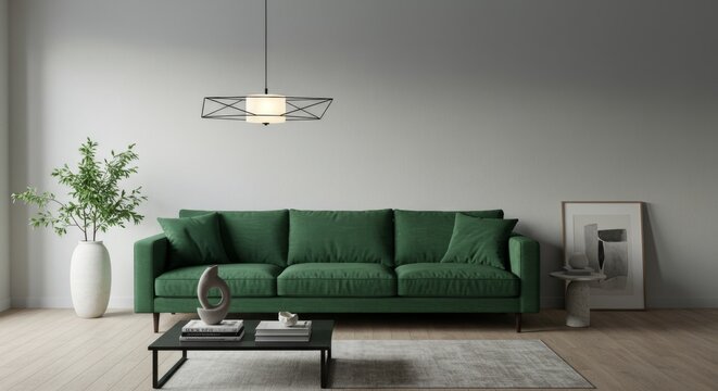 Serene Living Room Design with Green Sofa - Contemporary living space, green velvet sofa, modern hanging lamp, serene ambiance, minimalist design. Symbolizes comfort, , tranquility, sophistication