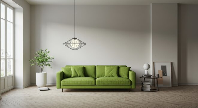 Serene Living Room with Green Sofa and Designer Lamp - Modern living space, green sofa, designer lamp, serene ambiance, contemporary interior. Symbolizes comfort, , tranquility, sophistication