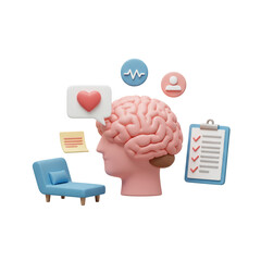 Therapy session with brain profile head, couch and checklist illustration