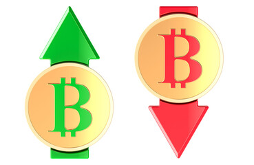 Bitcoin coins with red arrow down and with green growth arrow. Falling and growing price of cryptocurrency, concept. 3D rendering isolated on transparent background