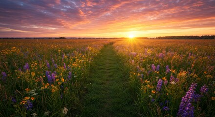 Serene Sunset Meadow Path - A tranquil path winds through a vibrant wildflower meadow at sunset. Golden light bathes the landscape