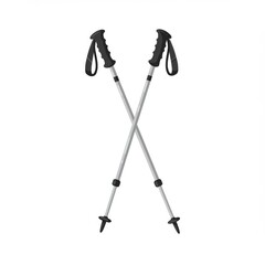 Pair of Silver and Black Trekking Poles Crossed on White Background