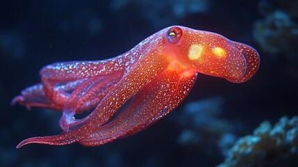 Obraz premium Mesmerizing vampire squid drifting through the abyss its glowing red body pulsing with an eerie glow ultra HD marine wildlife scene
