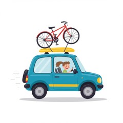 Fototapeta premium Happy Girl Driving Blue Car with Red Bike on Roof Rack