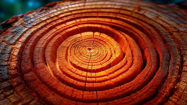 Detailed close-up of a sawn tree trunk, showing concentric growth rings, cracked wood texture, and warm orange hues with blurred background.