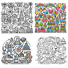 Fototapeta premium Playful children's toys collection in colorful doodle style 