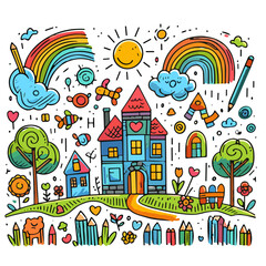 Obraz premium Playful doodle of a colorful house with nature and sunshine. Children’s drawing 