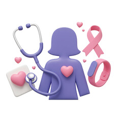 Breast Cancer Awareness with Female Silhouette, Stethoscope, and Pink Ribbon