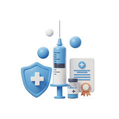Vaccination Concept Featuring Syringe Vial Shield and Certificate Against Black Background