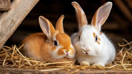 Obraz premium Two fluffy rabbits, one orange and one white, are relaxing next to each other amidst soft straw, symbolizing friendship and calmness in their cozy environment.