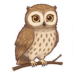 Naklejka premium Cute Brown Owl Perched on a Branch Illustration