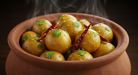 Steaming Spicy Potatoes in Clay Pot - Aromatic, golden-brown potatoes simmering in a rustic clay pot, garnished with fresh cilantro and chili peppers. Steam rises, hinting at delicious warmth
