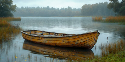 Abandoned rowing boat floats quietly on a serene lake surrounded by nature during a calm summer day