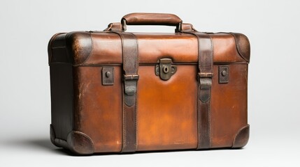 A vintage brown leather suitcase with sturdy handles and metal clasps, embodying the spirit of travel and adventure through its aged charm and rich history.