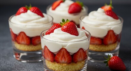 Strawberry Cream Dessert Trifle Cups - Delicious strawberry trifle dessert in individual glass cups, layered with creamy whipped topping and sponge cake. Perfect for a party or special occasion