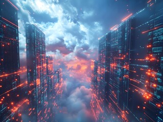 Fototapeta premium Futuristic city skyline with illuminated skyscrapers and vibrant digital patterns against a dramatic sky