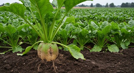 Sugar Beet Harvest in a Lush Field - A single, ripe sugar beet stands prominently in the foreground of a vast field of growing sugar beets, showcasing the agricultural bounty of the harvest