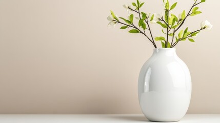 An appealing arrangement of branches and green leaves in a glossy white vase creates a clean and fresh aesthetic, offering a serene and stylish element for any room decor.