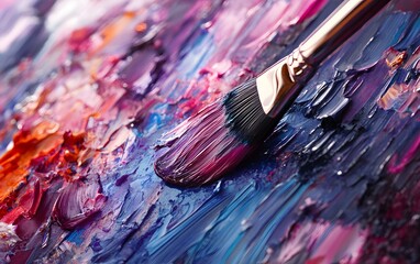 Fototapeta premium Vibrant palette with rich strokes of color and a paintbrush. Perfect for artists, creatives, and anyone seeking inspiration from abstract textures and dynamic hues.