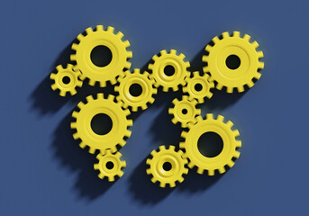 Many yellow connecting gear cogs of different sizes and in motion isolated on blue background; flat lay, close up, top view, copy space; 3d rendering, 3dillustration