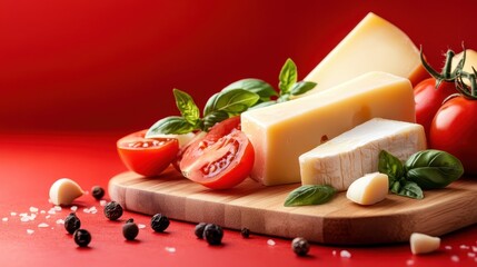 A variety of cheeses, tomatoes, and herbs arranged on a wooden board create a visually appealing scene perfect for gourmet food lovers and culinary enthusiasts, exuding freshness.