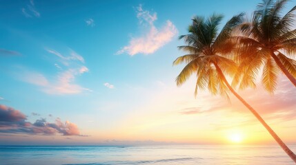 Obraz premium A serene view of palm trees swaying gently by the ocean under a stunning sky at sunset, offering an escape to a peaceful tropical haven with vibrant colors and serene beauty.