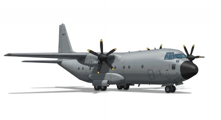 Isolated Gray Cargo Plane with Black Propellers Illustration Parked on White Background