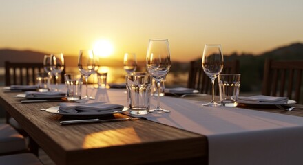 Sunset Dinner Table Setting - Elegant outdoor dining scene, sunset ambiance, glassware, fine dining, romantic evening. Symbolizing: romance, luxury, relaxation, celebration, togetherness