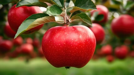 Obraz premium This beautiful image captures ripe red apples hanging from green tree branches, representing abundance, nature's offerings, and the delightful beauty of fresh fruit in a serene environment.