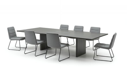 Long Sleek Modern Conference Table with Gray Upholstered Chairs Isolated on a Clean White Background Provides a Versatile Visual for Business and Design Presentations in Bright Studio Lighting