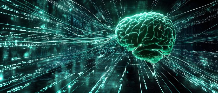 A futuristic representation of a brain interacting with digital data, symbolizing artificial intelligence, technology, and the advancement of neuroscience in our modern era.