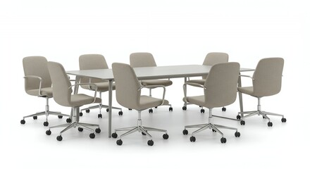 Modern Boardroom Table and Rolling Chairs in Neutral Colors Isolated on White Background Perfect for Office Design and Presentation Mockups