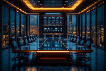 Fototapeta premium Modern Conference Room with Cityscape View and Illuminated Table