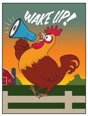 A cartoon rooster uses a megaphone. © titestreet