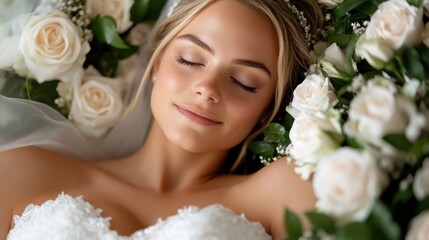 Naklejka premium A radiant bride rests gracefully among delicate white flowers, encapsulating the essence of purity and joy, ideal for wedding and beauty-themed artworks.
