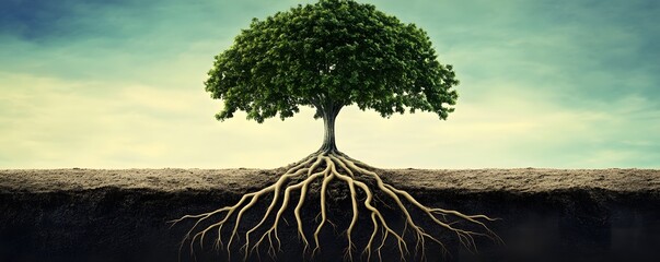 A striking view of a tree with expansive roots, symbolizing growth and stability. The blend of earth and sky creates a harmonious backdrop showcasing nature's beauty.