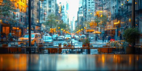 Empty cafe window reflection showing a vibrant city street on a summer day with colorful lights and outdoor seating