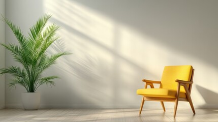 A vibrant yellow chair stands alone in a minimalist bright space, emphasizing simplicity, comfort, and a modern design aesthetic in a serene environment.